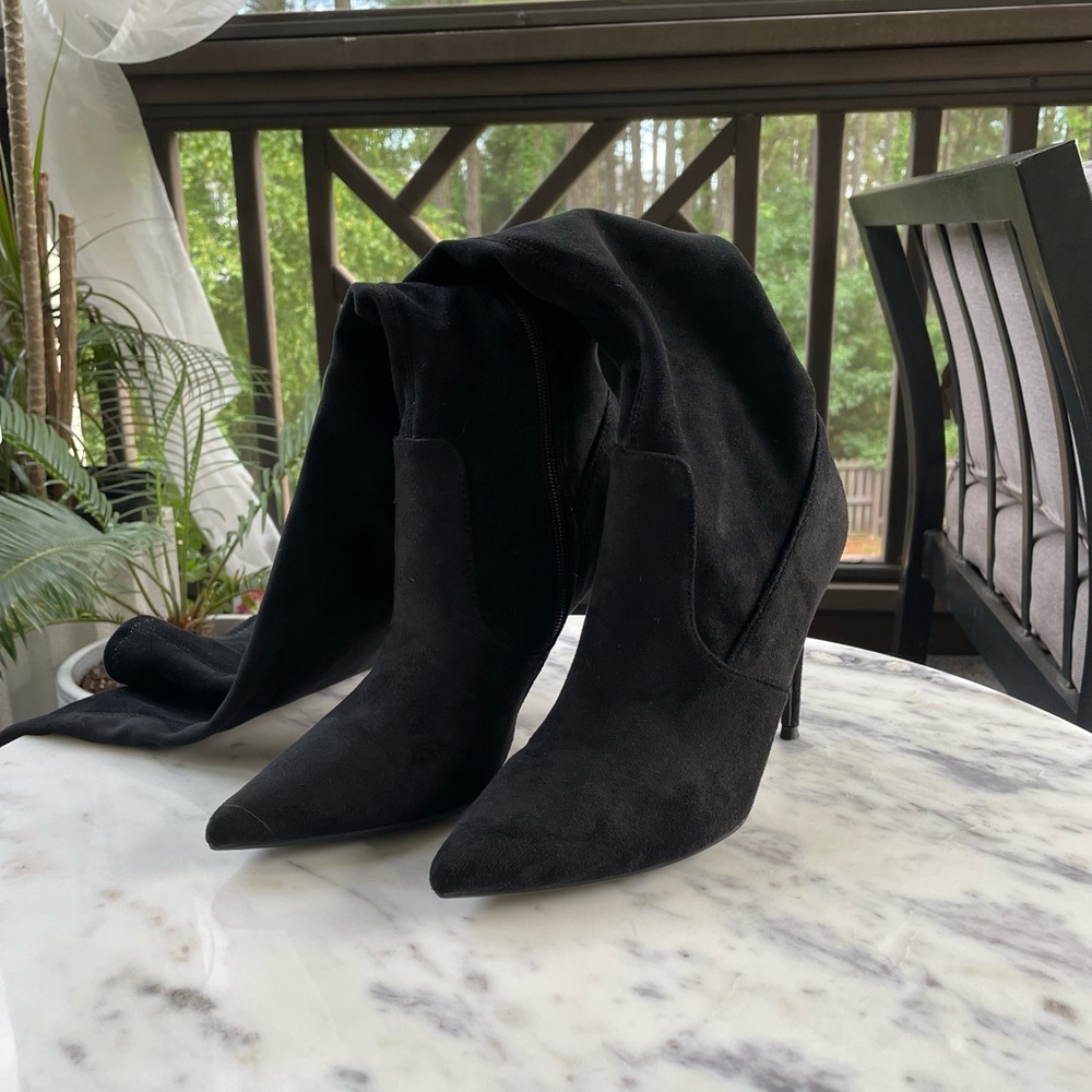 Black Faux Suede Pointed Toe Over-the-Knee Sock Boots – Size 7